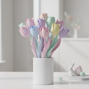 May include: A bouquet of pastel-colored tulips in a white cylindrical vase. The tulips are in shades of pink, blue, yellow, and purple. A small white ceramic bunny, an egg, and two small green spheres are on a white surface.
