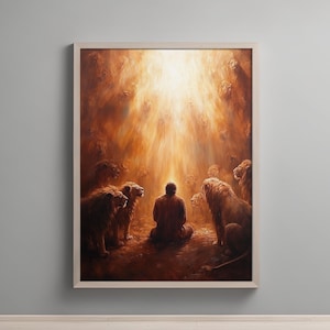 Daniel en el foso de los leones, arte cristiano bíblico, póster inspirado en la fe, decoración de pared con historias bíblicas, obra de arte sobre la valentía religiosa, arte para colocar sobre la cama