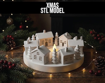 Arquivo STL para impressão 3D de porta-velas em miniatura com paisagem urbana, modelo digital para decoração de casa.