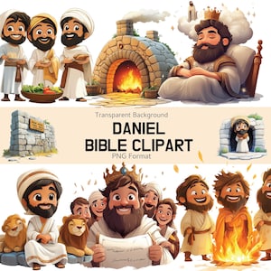 May include: A digital illustration featuring scenes from the Bible, including Daniel and other figures. The image includes a fiery furnace, a king with a crown, and the text "DANIEL BIBLE CLIPART" in a PNG format.
