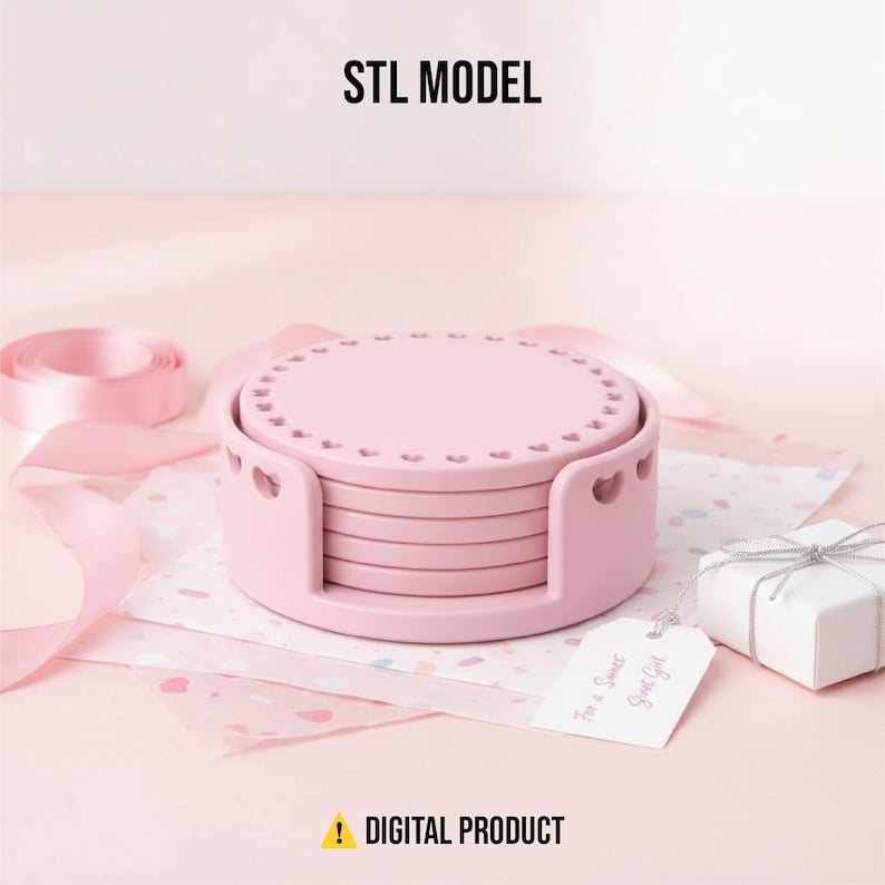 May include: A set of pink coasters with a heart-shaped design, stacked in a matching holder. The coasters are surrounded by pink ribbon, a gift box, and a tag that reads "For a Sweet Girl". The text "STL MODEL" and "DIGITAL PRODUCT" are also visible.