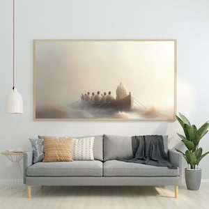 Jesús calma la tormenta, Discípulos en la barca, Arte mural cristiano, Póster de la historia bíblica, Imprimible "La fe sobre el miedo", Decoración religiosa para el hogar