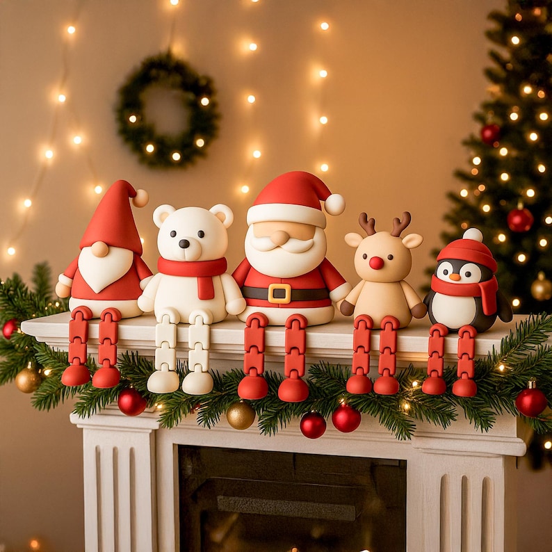May include: A festive Christmas mantel display featuring five decorative figurines: a gnome, a polar bear, Santa Claus, a reindeer, and a penguin. Each figure has red legs and is perched above a fireplace decorated with garland and ornaments.
