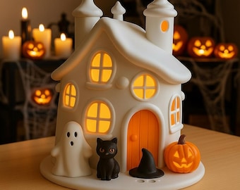 May include: A white Halloween-themed house with glowing windows and an orange door. A ghost, black cat, witch's hat, and carved pumpkin are in front of the house. Lit candles and carved pumpkins are in the background.