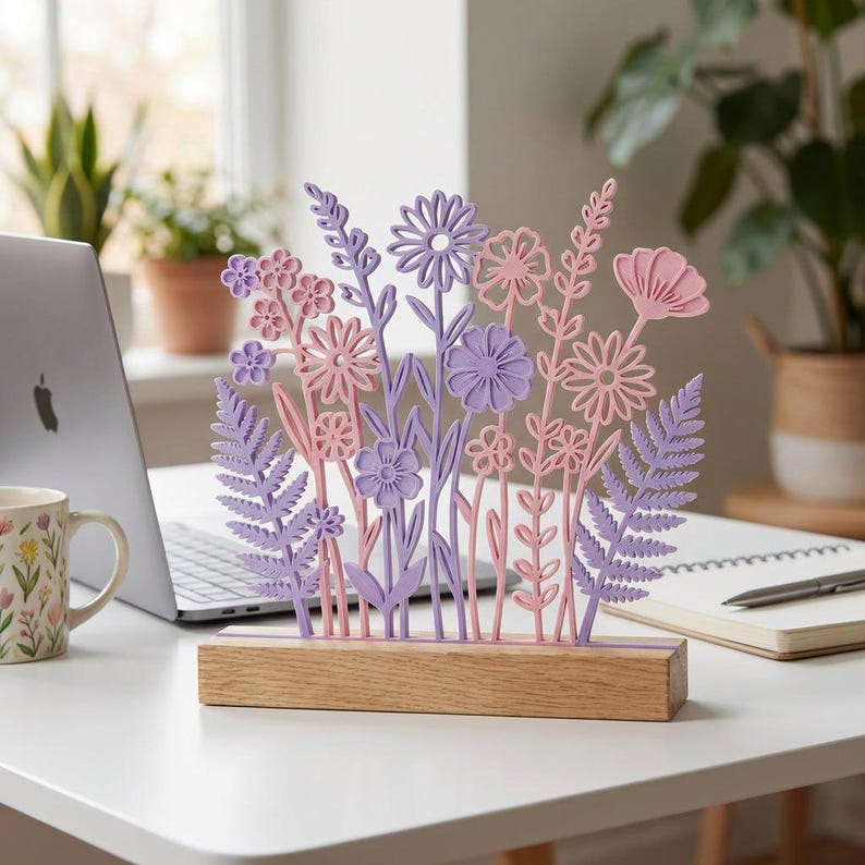 Op de afbeelding: Een decoratief bloemstuk met lasergesneden bloemen in roze en paarse tinten, gemonteerd op een natuurlijke houten basis. Het ontwerp omvat verschillende bloemsoorten en bladeren, wat een lenteachtige uitstraling cre&euml;ert. Het stuk staat op een witte bureau.
