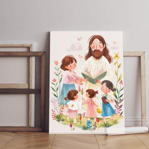 Póster de Jesús con niños, arte espiritual para la escuela dominical, decoración cristiana de pared para instituciones educativas, obra de arte basada en la fe.