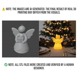 May include: A 3D-rendered angel figurine holding a gift, with wings and a halo. The image also shows a lit-up angel-shaped lamp with a star, and text that reads: "NOTE: THE IMAGES ARE AI-GENERATED. THE FINAL RESULT OF REAL 3D PRINTING MAY DIFFER FROM THE VISUALS." and "NOTE: ALL STL FILES WERE CREATED AND VERIFIED BY A HUMAN DESIGNER."