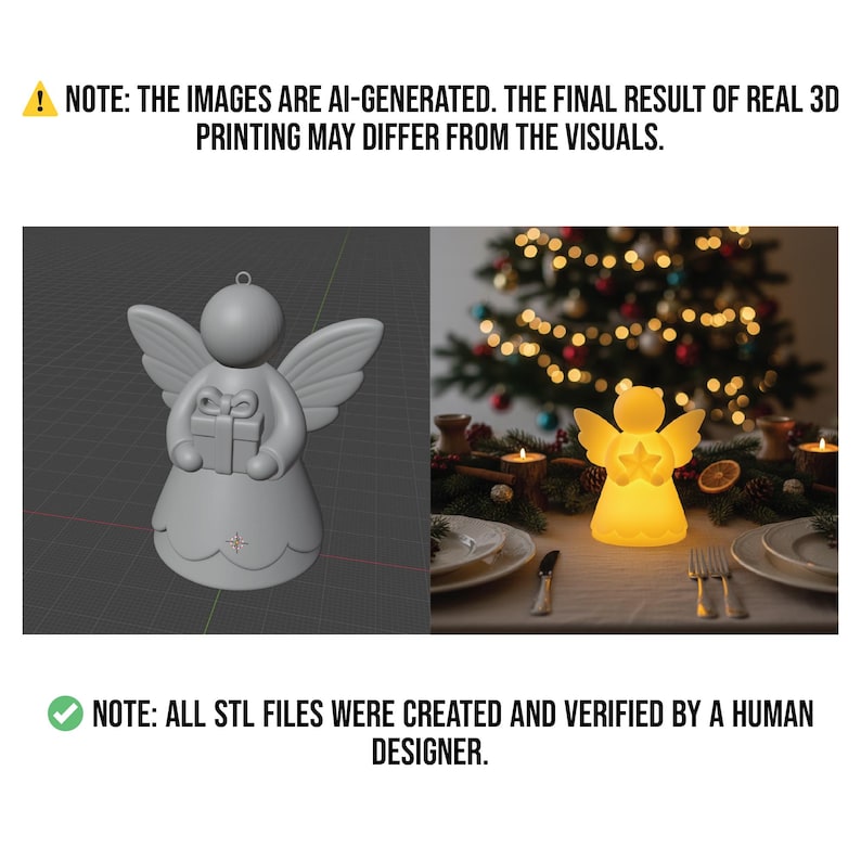 May include: A 3D-rendered angel figurine holding a gift, with wings and a halo. The image also shows a lit-up angel-shaped lamp with a star, and text that reads: "NOTE: THE IMAGES ARE AI-GENERATED. THE FINAL RESULT OF REAL 3D PRINTING MAY DIFFER FROM THE VISUALS." and "NOTE: ALL STL FILES WERE CREATED AND VERIFIED BY A HUMAN DESIGNER."