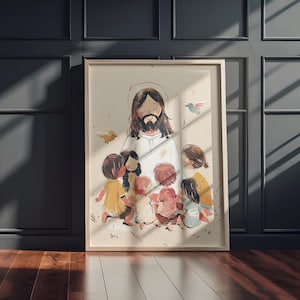 Póster de Jesús y los niños, obra de arte espiritual para habitación infantil, decoración religiosa de pared, ideal para bautizos o regalos religiosos.