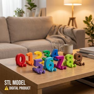 May include: A collection of colorful 3D-printed numbers, ranging from zero to nine, displayed on a wooden coffee table. Each number has a unique color and a small base. The text "STL MODEL" and "DIGITAL PRODUCT" are visible.