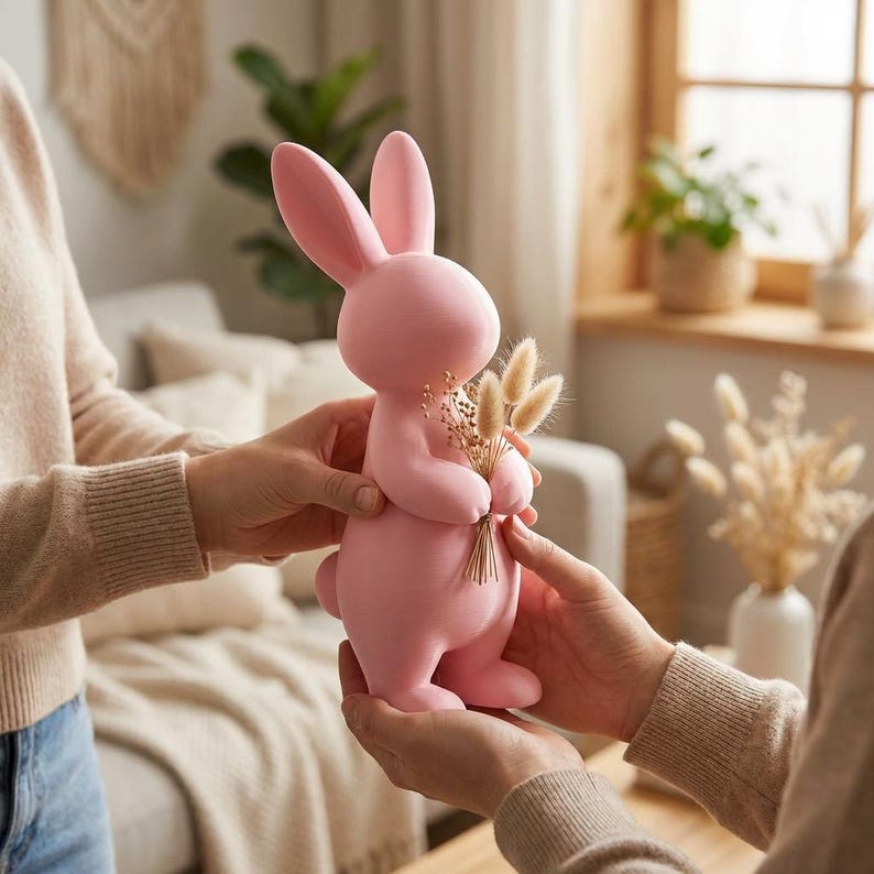 以下が含まれることがあります： 小さなドライフラワーのブーケを持ったピンク色のウサギの置物。ウサギは長い耳と丸みを帯びた体を持っています。置物は単色で、セラミックまたは同様の素材で作られているようです。ウサギは腕の中でブーケを持っています。