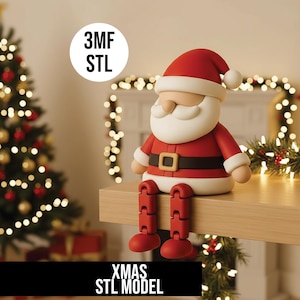 May include: A red and white Santa Claus figurine with a black belt and red articulated legs sits on a wooden surface. The figurine has a white beard and a red hat. The image includes the text "XMAS STL MODEL".