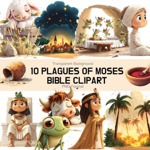 Moses & 10 Plagues Cartoon Clipart, Bible Story PNG Set for Kids, Christian Art for Sunday School, Crafts, Religious Lessons or Decorations