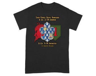 Military Task Force Devil Rangers T-Shirt, A Co 2/34 Armor Design, B Co 5/16 Infantry Logo, 1st Infantry Division