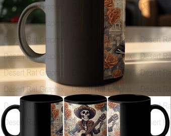 Day of the Dead Mug, Tumbler, Guitar Player Skeleton, Dia De Los Muertos, Sugar Skull Art, Floral Guitar, Unique Gift, Halloween Decor