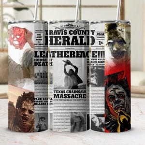 Leatherface Newspaper Print Tumbler: Retro Travel Mug