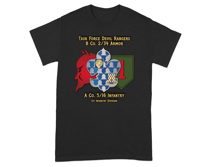 Task Force Devil Rangers T-Shirt 1st Infantry Division Military Graphic Tee A Co. 516 Infantry US Army Veteran Gift