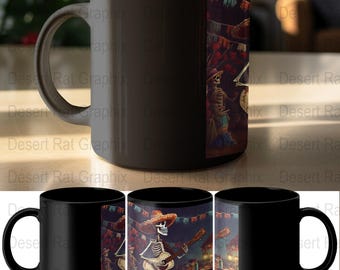 Day of the Dead Mug, Tumbler, Skeleton Guitarist, Dia de los Muertos Art, Mariachi Skeleton, Fiesta Drinkware, Halloween Gift, Mexican