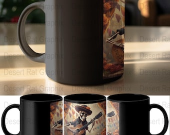 Day of the Dead Mug,Tumbler, Skeleton Guitarist, Calavera, Dia de los Muertos, Floral, Sugar Skull, Colorful, Unique Gift Idea