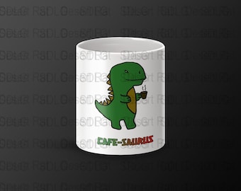 Cute Dinosaur Coffee Lover Mug, Unique Funny Dinosaur Mug, Green Dinosaur with Coffee Cup, Perfect Gift for Coffee Lovers