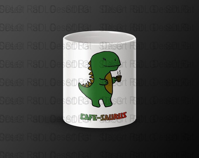 Cute Dinosaur Coffee Lover Mug, Unique Funny Dinosaur Mug, Green Dinosaur with Coffee Cup, Perfect Gift for Coffee Lovers