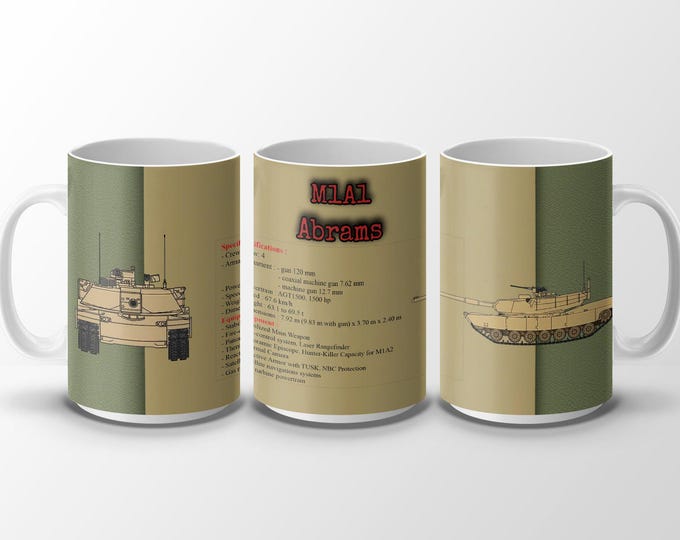 Military Tank Mug, M1A1 Abrams Illustration Mug, Army Vehicle Design Coffee Mug, Tactical Tank Art Mug for Army Enthusiasts