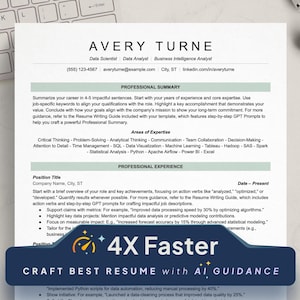 以下が含まれることがあります： 「CRAFT BEST RESUME with AI GUIDANCE」というテキストと、「4X Faster」というテキストの速度計のグラフィックが描かれた履歴書テンプレート。この履歴書テンプレートは、ユーザーがAIの助けを借りてプロの履歴書を作成するのに役立ちます。