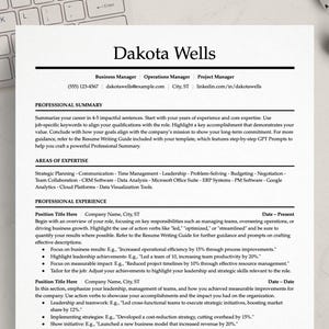 Op de afbeelding: Een zwart-wit cv-sjabloon met de titel "Dakota Wells" bovenaan. Het cv vermeldt de functiebenamingen "Business Manager", "Operations Manager" en "Project Manager". Het cv bevat ook contactgegevens, een professionele samenvatting, expertisegebieden en werkervaring.