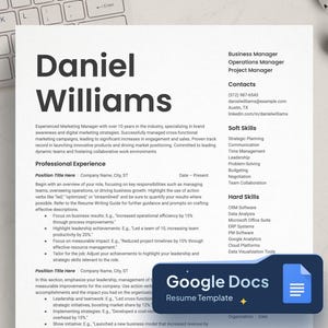May include: A Google Docs resume template featuring a blue and white Google Docs logo. The resume is for Daniel Williams, a marketing manager with over 10 years of experience. The resume includes sections for professional experience, soft skills, and hard skills.