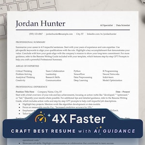 Pode incluir: Um modelo de currículo com o texto "CRAFT BEST RESUME with AI GUIDANCE" e um gráfico de um velocímetro com o texto "4X Faster". O modelo de currículo foi projetado para ajudar os usuários a criar um currículo profissional com a ajuda da IA.
