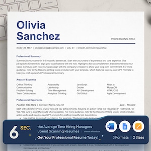 May include: A resume template with the name "Olivia Sanchez" in large blue text. The resume includes sections for professional summary, areas of expertise, and professional experience. A banner at the bottom reads "Get Your Professional Resume Today!"