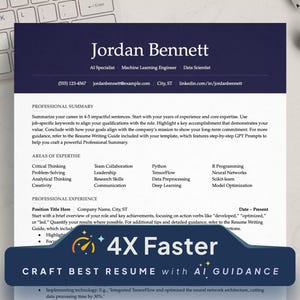 Könnte beinhalten: Eine Lebenslaufvorlage mit blauem Hintergrund und weißem Text. Die Vorlage enthält Abschnitte für die berufliche Zusammenfassung, Fachgebiete und Berufserfahrung. Der Text "4X Faster" ist in einem roten Kreis hervorgehoben.