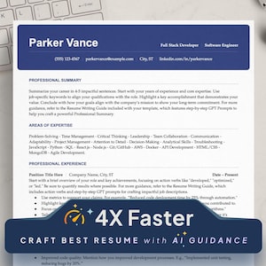 Op de afbeelding: Een cv-sjabloon met een blauwe kop en witte tekst. De koptekst luidt "Craft Best Resume with AI Guidance". De tekst luidt "4X Faster" met een snelheidsmeterafbeelding. Het cv-sjabloon is voor een full-stack ontwikkelaar of softwareontwikkelaar.