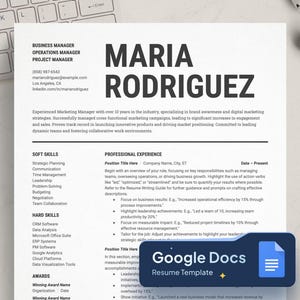 May include: A black and white resume template with the name Maria Rodriguez at the top. The resume lists her experience as a Business Manager, Operations Manager, and Project Manager. The resume also lists her skills, awards, and professional experience.