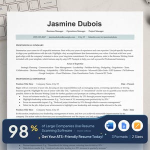 May include: A resume template with a blue and white colour scheme. The template is designed to help job seekers create a professional CV that will stand out to potential employers. The template includes a professional summary, areas of expertise, and professional experience sections. The template also includes a 98% statistic, indicating that 98% of large companies use CV scanning software.