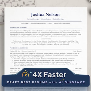 May include: A resume template with a blue and white colour scheme. The template features a section for professional summary, areas of expertise, and professional experience. The text "4X Faster" is highlighted in a red circle.