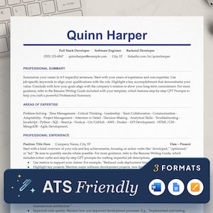 May include: A resume template designed to be ATS friendly. The template features a professional summary, areas of expertise, and professional experience sections. The template also includes a section for highlighting key projects and metrics to support claims. The template is available in three formats: Word, Google Docs, and PDF.