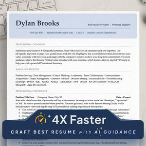 May include: A resume template with a blue and white colour scheme. The template features a section for professional summary, areas of expertise, and professional experience. The text "CRAFT BEST RESUME with AI GUIDANCE" is displayed in a large font at the bottom of the page. The text "4X Faster" is displayed in a large font in a circle with a speedometer needle.