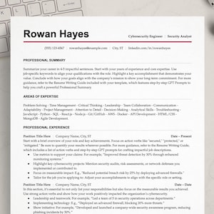 May include: A resume template titled "Rowan Hayes" for a Cybersecurity Engineer and Security Analyst. The document includes sections for professional summary, areas of expertise, and professional experience. A keyboard, pen, and plant are in the background.