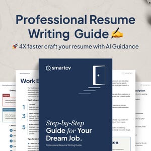 May include: A blue and white graphic with the text "Professional Resume Writing Guide" and a rocket ship emoji. The graphic also includes the text "4X faster craft your resume with AI Guidance" and a drawing of a hand holding a pencil.