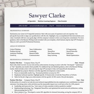 May include: A resume template with a blue and white color scheme. The resume is for a candidate named Sawyer Clarke who is an AI Specialist, Machine Learning Engineer, and Data Scientist. The resume includes sections for professional summary, areas of expertise, professional experience, and position title. The resume also includes contact information for Sawyer Clarke.