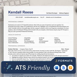 May include: A resume template designed to be ATS friendly. The template features a professional summary, areas of expertise, and professional experience sections. The template also includes a section for highlighting key projects and quantifying results. The template is available in three formats: Word, Google Docs, and PDF.
