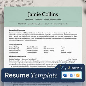 May include: A resume template with a green background and a blue header. The header includes the text "Resume Template" and three icons representing Microsoft Word, Google Docs, and a pencil. The resume template is for a data scientist, data analyst, or business intelligence analyst. The template includes sections for professional summary, areas of expertise, and professional experience.