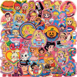 Retro 80s/90s Aesthetic 50 piece Sticker Pack – Cute Girly Vintage Cartoon Vinyl Stickers for Laptops, Water Bottles, Journals