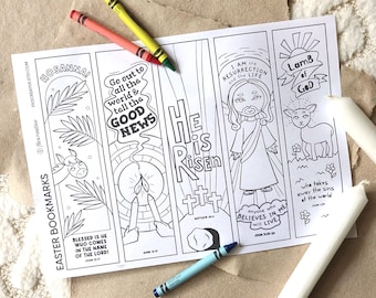 May include: A white sheet of paper featuring five vertical coloring bookmarks with religious illustrations and text including "HOSANNA!", "HE IS RISEN", and "LAMB OF GOD". Three wax crayons in red, yellow, and blue are placed on the paper.