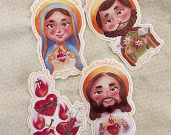 4pc Holy Family Hearts Sticker Set | Laminated Catholic Kids Illustration Stickers