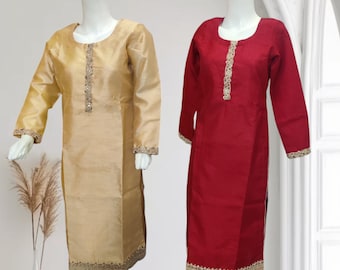 Indian/Pakistani women&#39;s readymade kurta pajama | silk shalwar Kameez with embroidered patch for women
