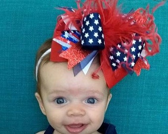 Patriotic Hairbow, Red White & Blue Bow, Over the Top Bows, OTT Hairbow, 4th of July Headband, Ostrich Feather Hair Bow, Pageant Hairbows