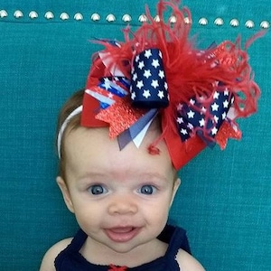 Patriotic Hairbow, Red White & Blue Bow, Over the Top Bows, OTT Hairbow, 4th of July Headband, Ostrich Feather Hair Bow, Pageant Hairbows