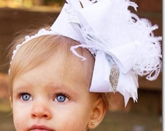 Over the Top Bows, Baby Headbands, White Big Hairbow, Big Baby Bows, Baby Bows with headband, Toddler Headbands, Feather Hair Bows, Jumbo